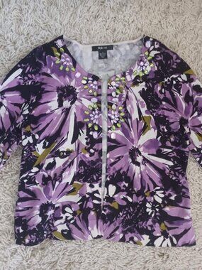 Style & Co Cardigan Womens M/L Purple Floral Embellished Rhinestone Sweater